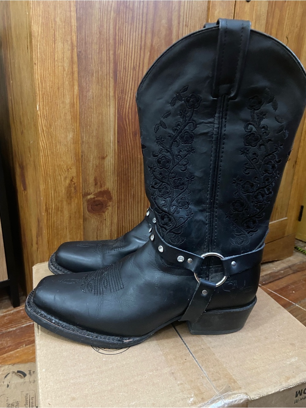 Black Embroidered Western Harness Boots